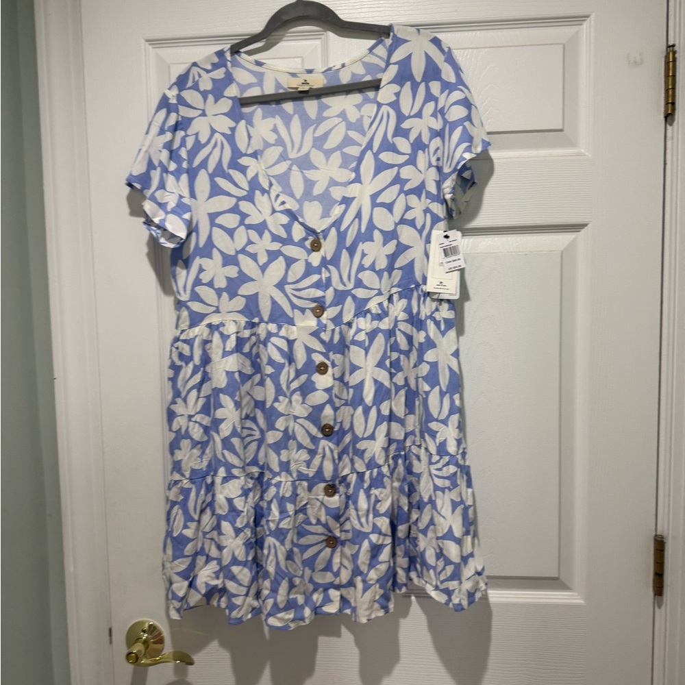 Rip Curl Light Blue and White Floral Button-Tier Dress